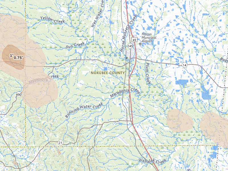 Radar-estimated hail-size map of the storm over Macon, MS on Aug 18, 2026