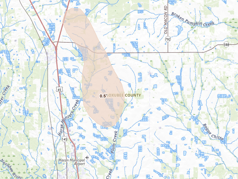 Radar-estimated hail-size map of the storm over Macon, MS on Aug 26, 2026