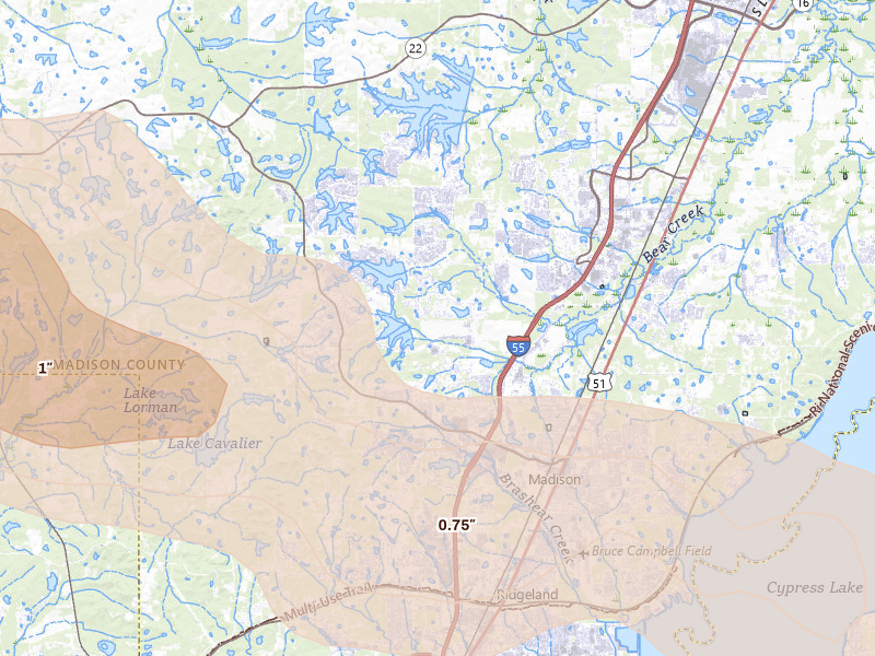 Radar-estimated hail-size map of the storm over Madison, MS on Apr 24, 2026