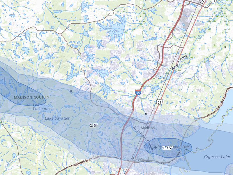 NEXRAD radar-signature map of the hail over Madison, MS