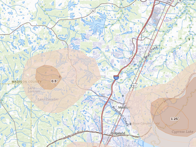 Radar-estimated hail-size map of the storm over Madison, MS on Jun 1, 2026