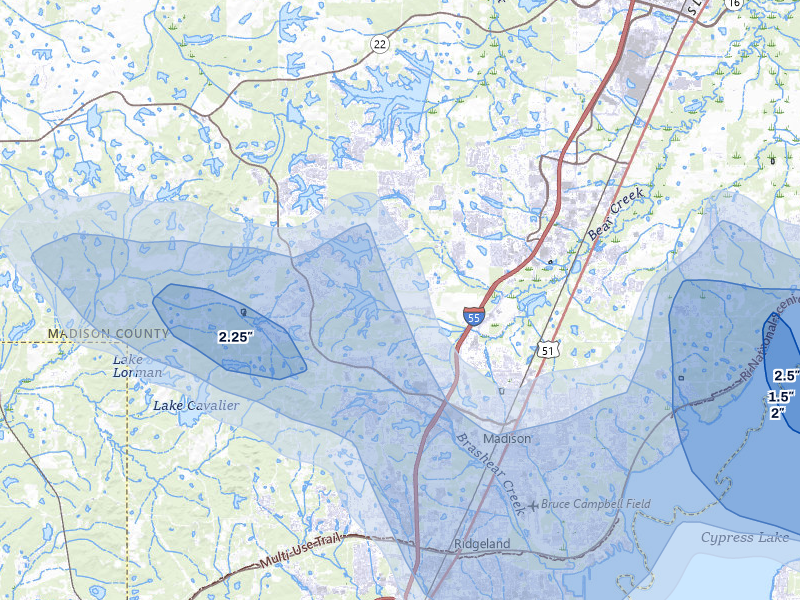 NEXRAD radar-signature map of the hail storm over Madison, MS on Jun 1, 2026