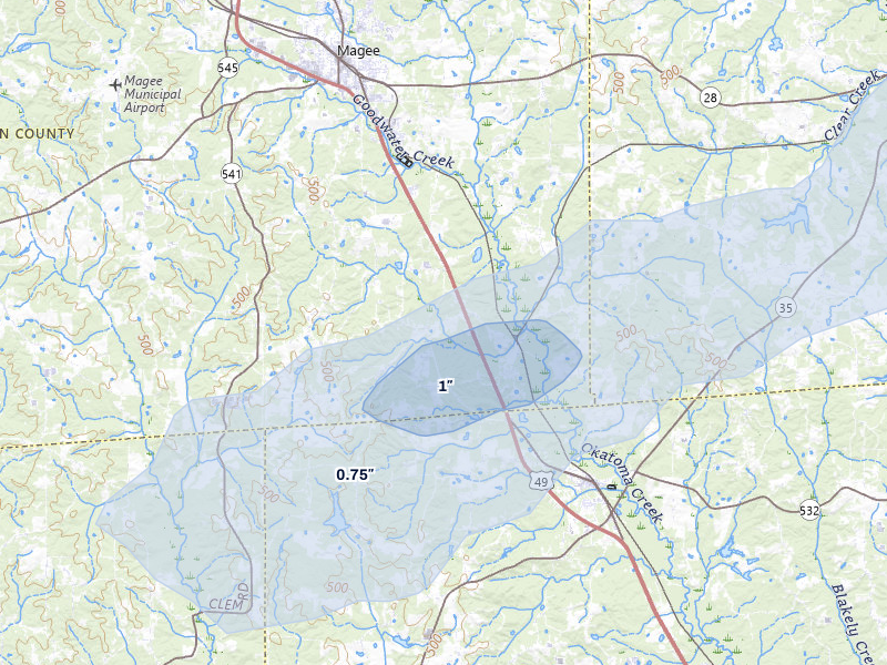 NEXRAD radar-signature map of the hail storm over Magee, MS on Jan 9, 2026