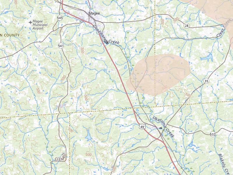 Radar-estimated hail-size map of the storm over Magee, MS on Apr 24, 2026