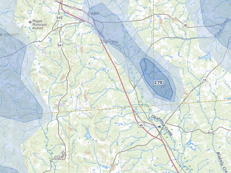 NEXRAD radar-signature map of the hail over Magee, MS