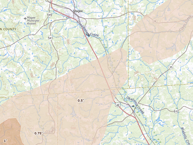 Radar-estimated hail-size map of the storm over Magee, MS on May 6, 2026