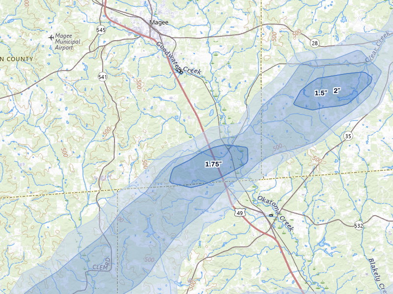 NEXRAD radar-signature map of the hail storm over Magee, MS on May 6, 2026