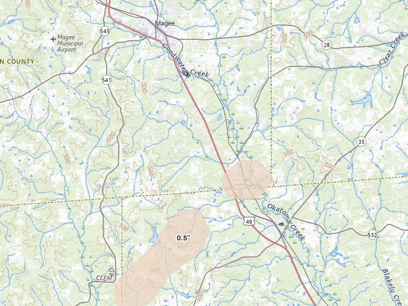 Radar-estimated hail-size map of the storm over Magee, MS on May 22, 2026