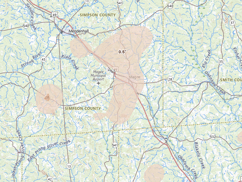 Radar-estimated hail-size map of the storm over Magee, MS on Aug 20, 2026