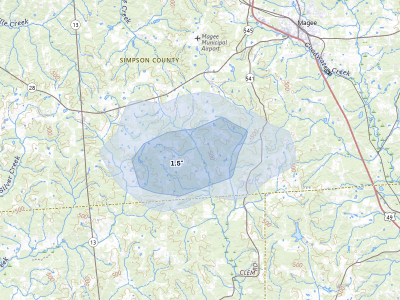 NEXRAD radar-signature map of the hail storm over Magee, MS on Aug 20, 2026