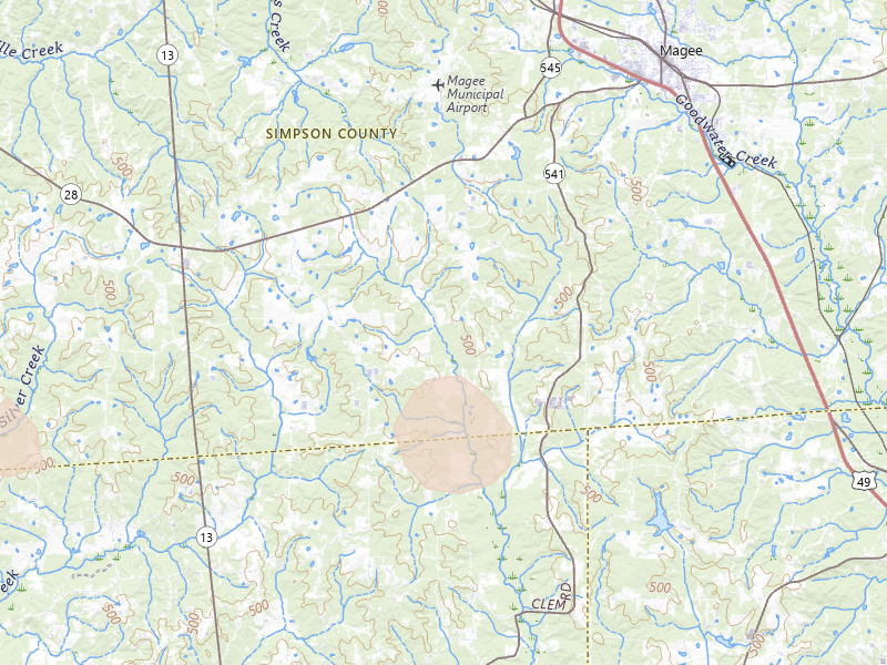 Radar-estimated hail-size map of the storm over Magee, MS on Aug 21, 2026