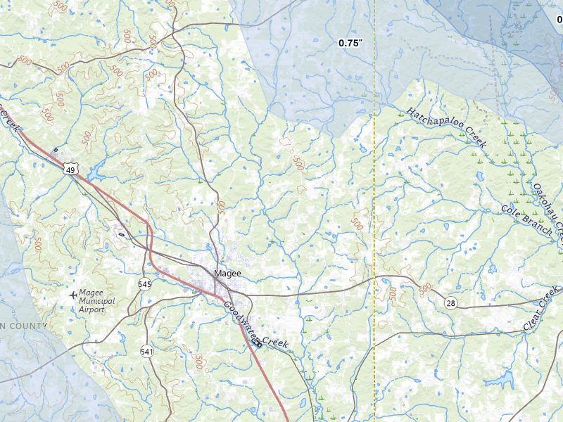 NEXRAD radar-signature map of the hail storm over Magee, MS on Aug 21, 2026