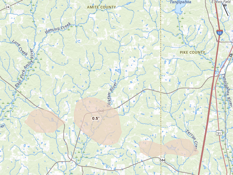 Radar-estimated hail-size map of the storm over Magnolia, MS on May 8, 2026