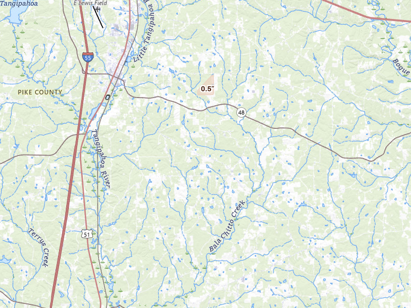 Radar-estimated hail-size map of the storm over Magnolia, MS on Aug 13, 2026