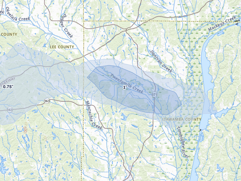 NEXRAD radar-signature map of the hail over Mantachie, MS