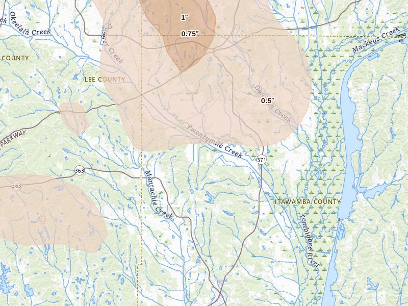 Radar-estimated hail-size map of the storm over Mantachie, MS on Jun 1, 2026