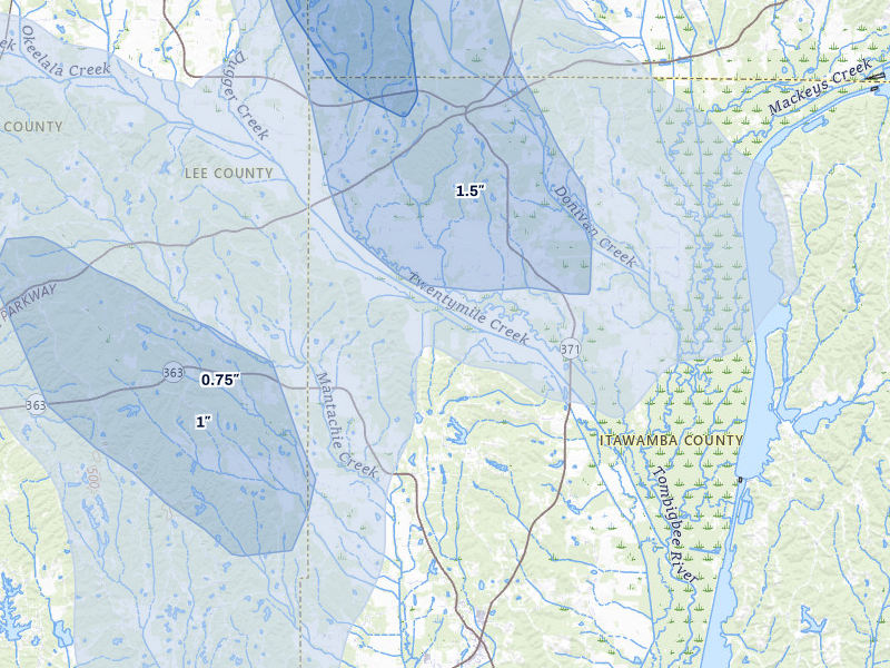 NEXRAD radar-signature map of the hail storm over Mantachie, MS on Jun 1, 2026