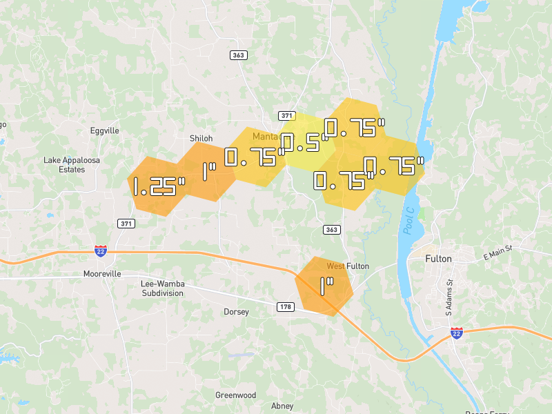 Hail map of Mantachie, MS on Jul 10, 2026, hail up to 1.25"