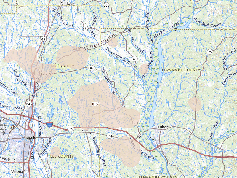 Radar-estimated hail-size map of the storm over Mantachie, MS on Aug 22, 2026