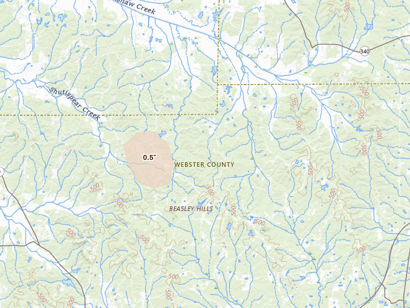 Radar-estimated hail-size map of the storm over Mantee, MS on May 23, 2026