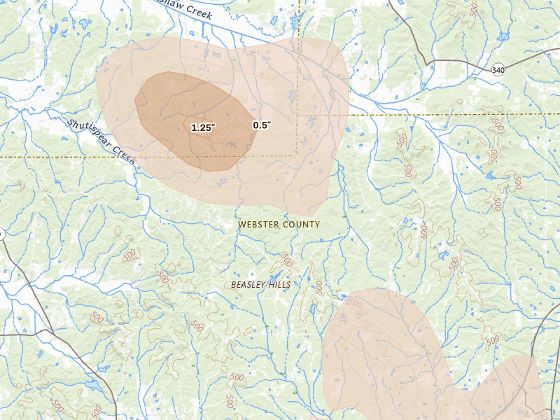 Radar-estimated hail-size map of the storm over Mantee, MS on Aug 19, 2026