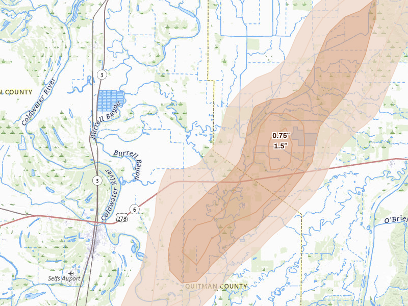 Radar-estimated hail-size map of the storm over Marks, MS on Mar 6, 2026