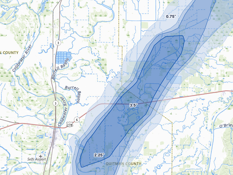 NEXRAD radar-signature map of the hail storm over Marks, MS on Mar 6, 2026
