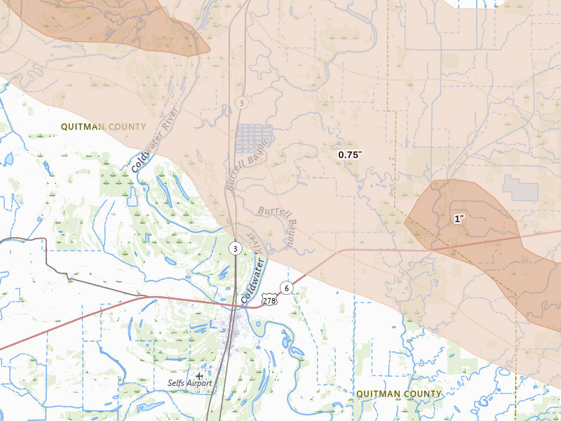 Radar-estimated hail-size map of the storm over Marks, MS on Aug 22, 2026