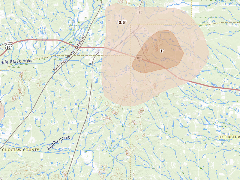Radar-estimated hail-size map of the storm over Mathiston, MS on Jul 1, 2026