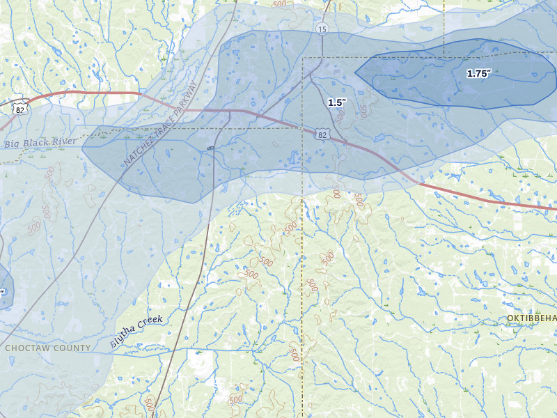 NEXRAD radar-signature map of the hail storm over Mathiston, MS on Jul 1, 2026