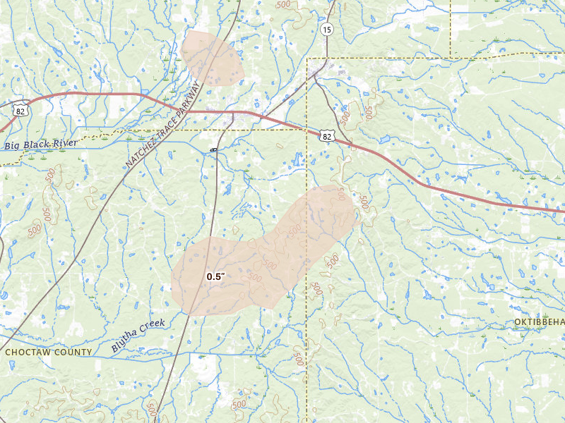Radar-estimated hail-size map of the storm over Mathiston, MS on Aug 20, 2026