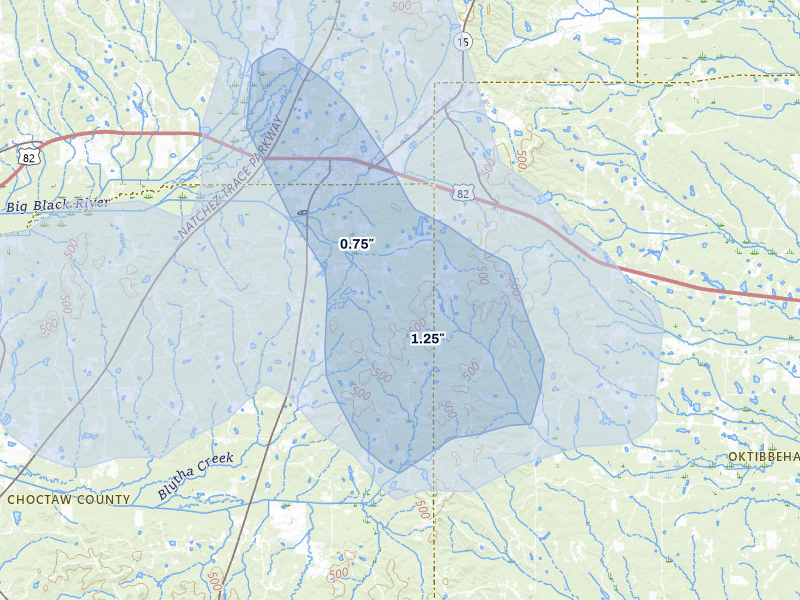 NEXRAD radar-signature map of the hail storm over Mathiston, MS on Aug 20, 2026