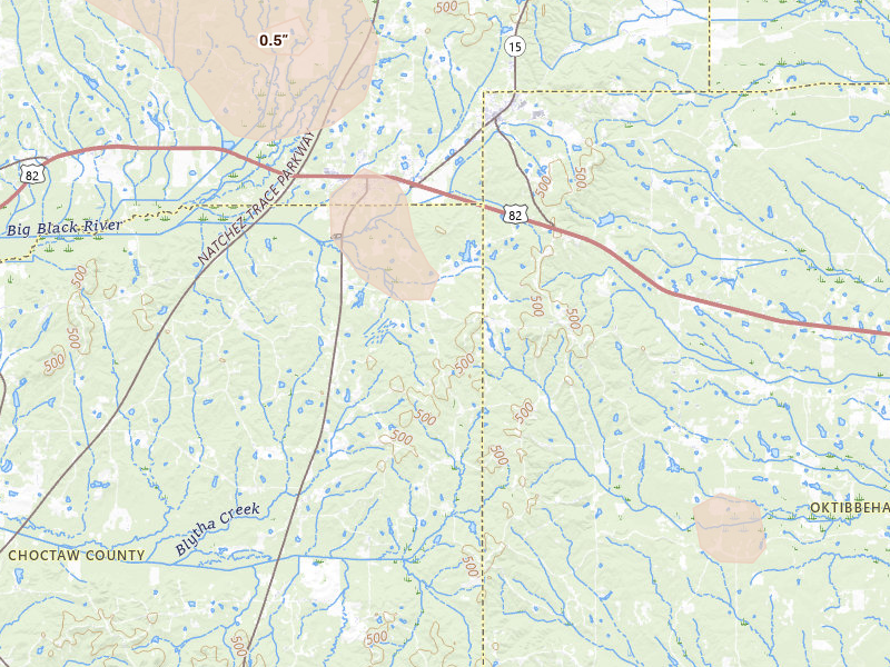 Radar-estimated hail-size map of the storm over Mathiston, MS on Aug 22, 2026