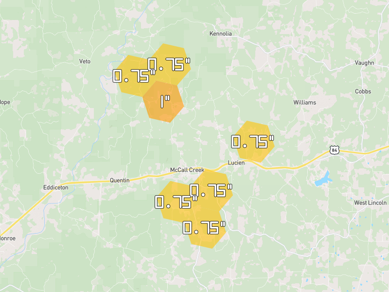 Hail map of Mc Call Creek, MS on Jul 1, 2026, hail up to 1"