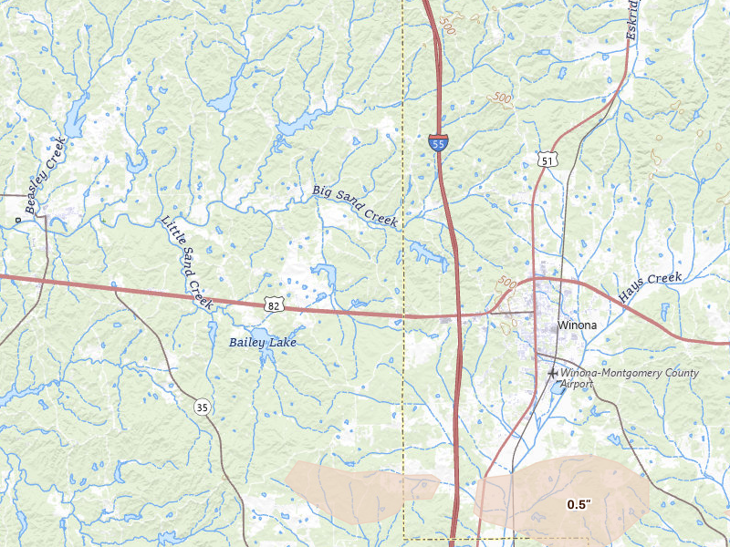 Radar-estimated hail-size map of the storm over Mc Carley, MS on May 10, 2026