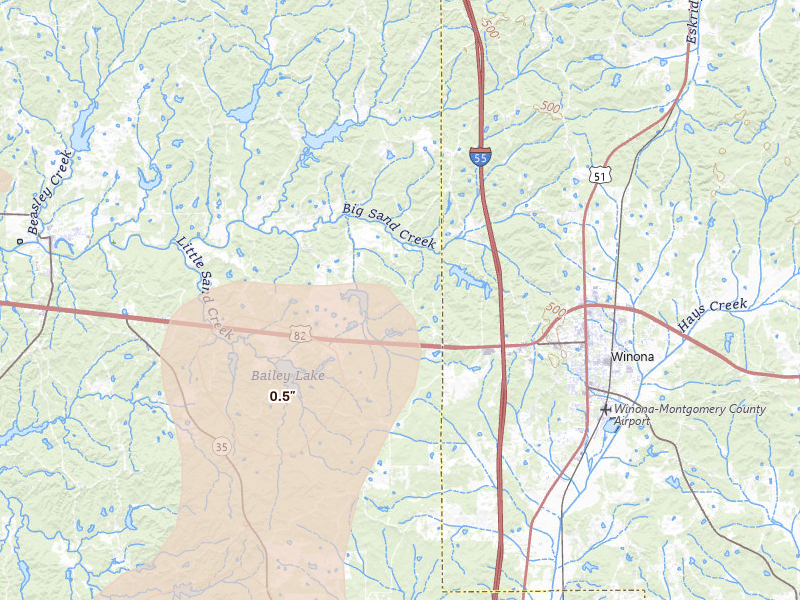 Radar-estimated hail-size map of the storm over Mc Carley, MS on Jun 1, 2026