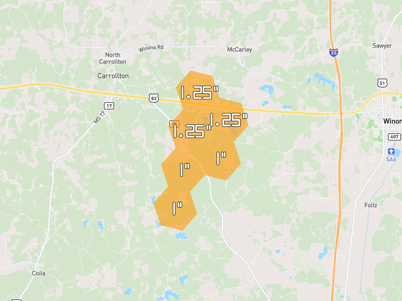 Hail map of Mc Carley, MS on Jun 2, 2026, hail up to 1.25"