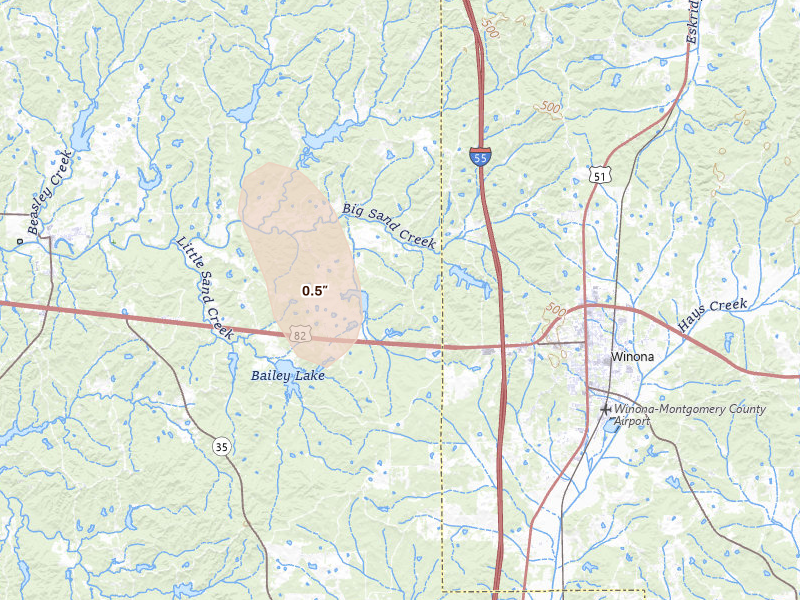 Radar-estimated hail-size map of the storm over Mc Carley, MS on Jun 24, 2026