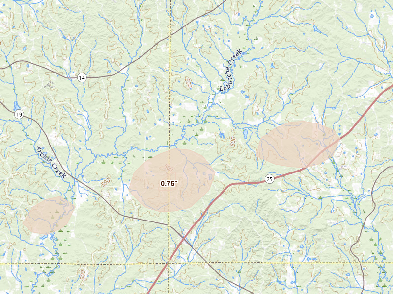 Radar-estimated hail-size map of the storm over Mc Cool, MS on May 6, 2026