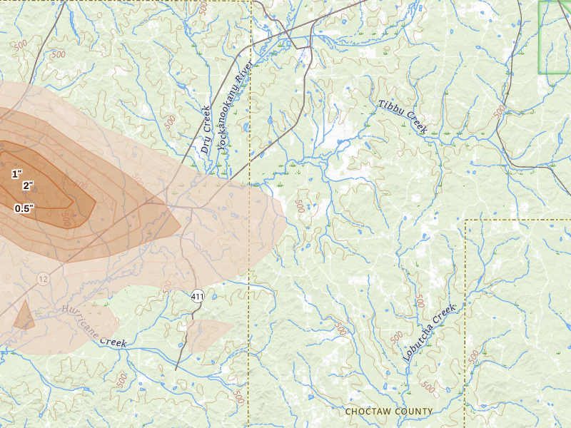 Radar-estimated hail-size map of the storm over Mc Cool, MS on May 10, 2026