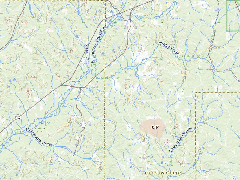 Radar-estimated hail-size map of the storm over Mc Cool, MS on Jul 6, 2026