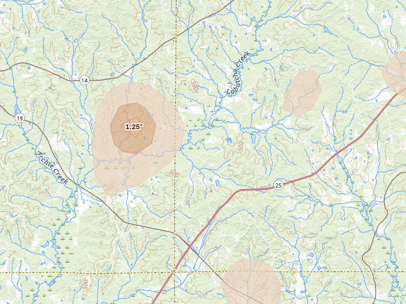 Radar-estimated hail-size map of the storm over Mc Cool, MS on Aug 19, 2026