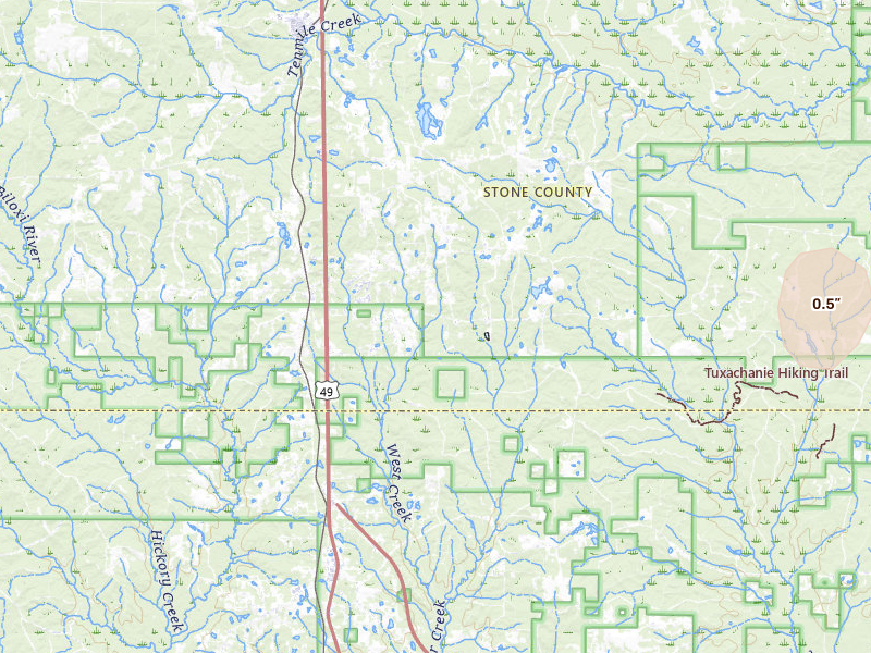 Radar-estimated hail-size map of the storm over Mc Henry, MS on Mar 15, 2026