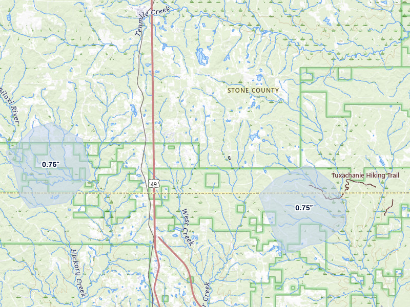 NEXRAD radar-signature map of the hail storm over Mc Henry, MS on Jul 6, 2026