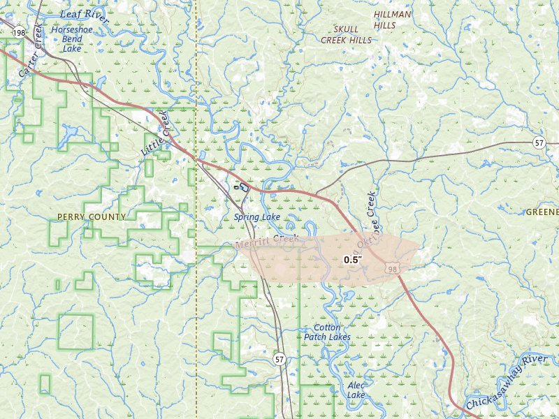 Radar-estimated hail-size map of the storm over Mc Lain, MS on Jan 3, 2026