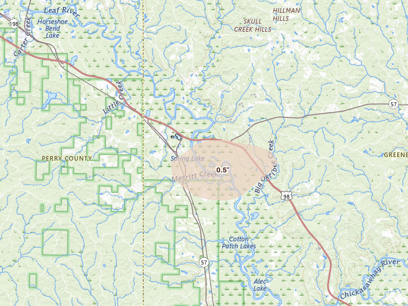 Radar-estimated hail-size map of the storm over Mc Lain, MS on Jun 18, 2026