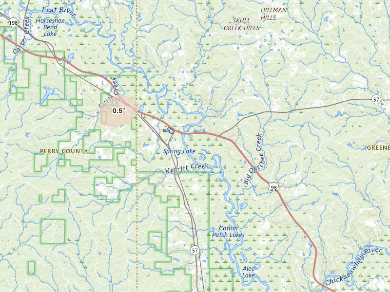 Radar-estimated hail-size map of the storm over Mc Lain, MS on Jul 5, 2026