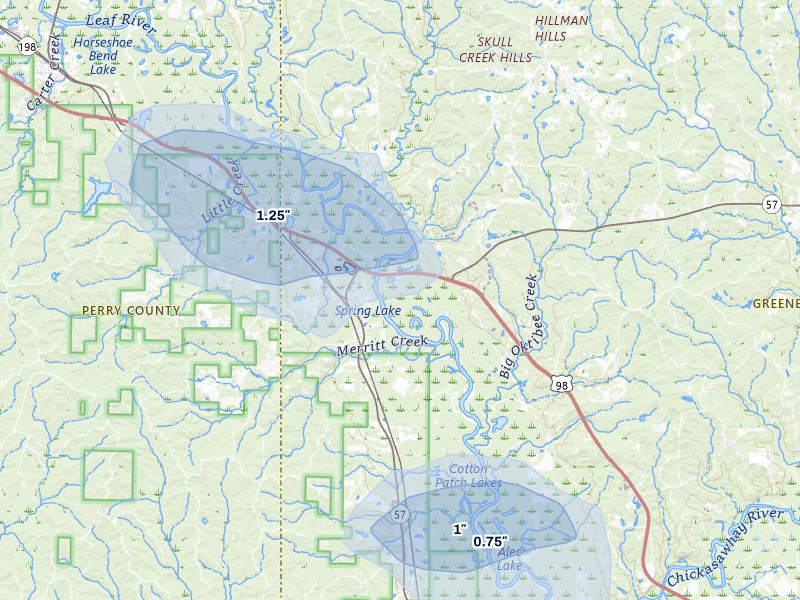 NEXRAD radar-signature map of the hail storm over Mc Lain, MS on Jul 5, 2026