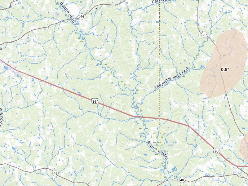 Radar-estimated hail-size map of the storm over Mccomb, MS on Jul 8, 2026