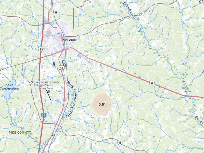 Radar-estimated hail-size map of the storm over Mccomb, MS on Aug 8, 2026